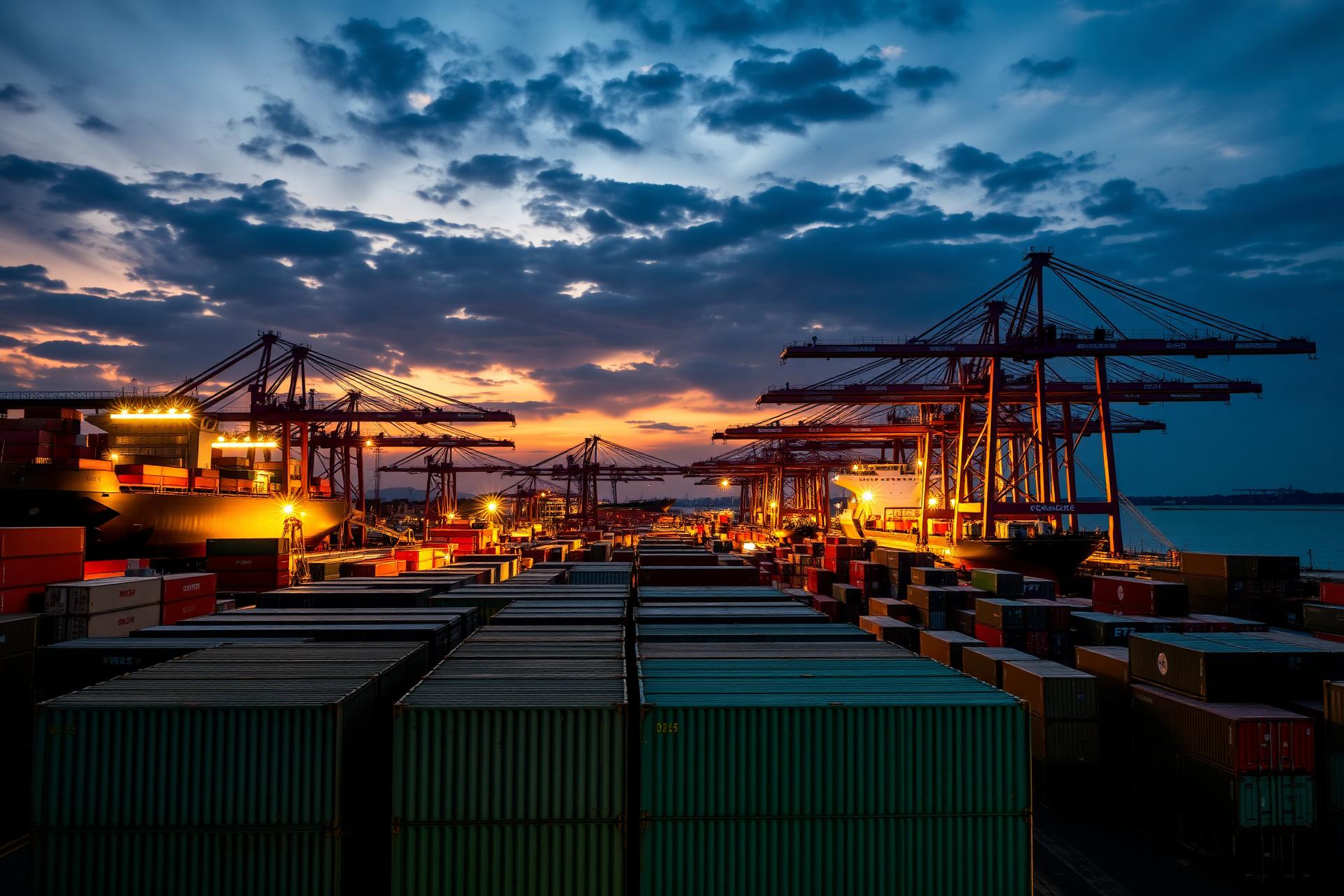 Container port at dusk with cranes and shipping vessels
