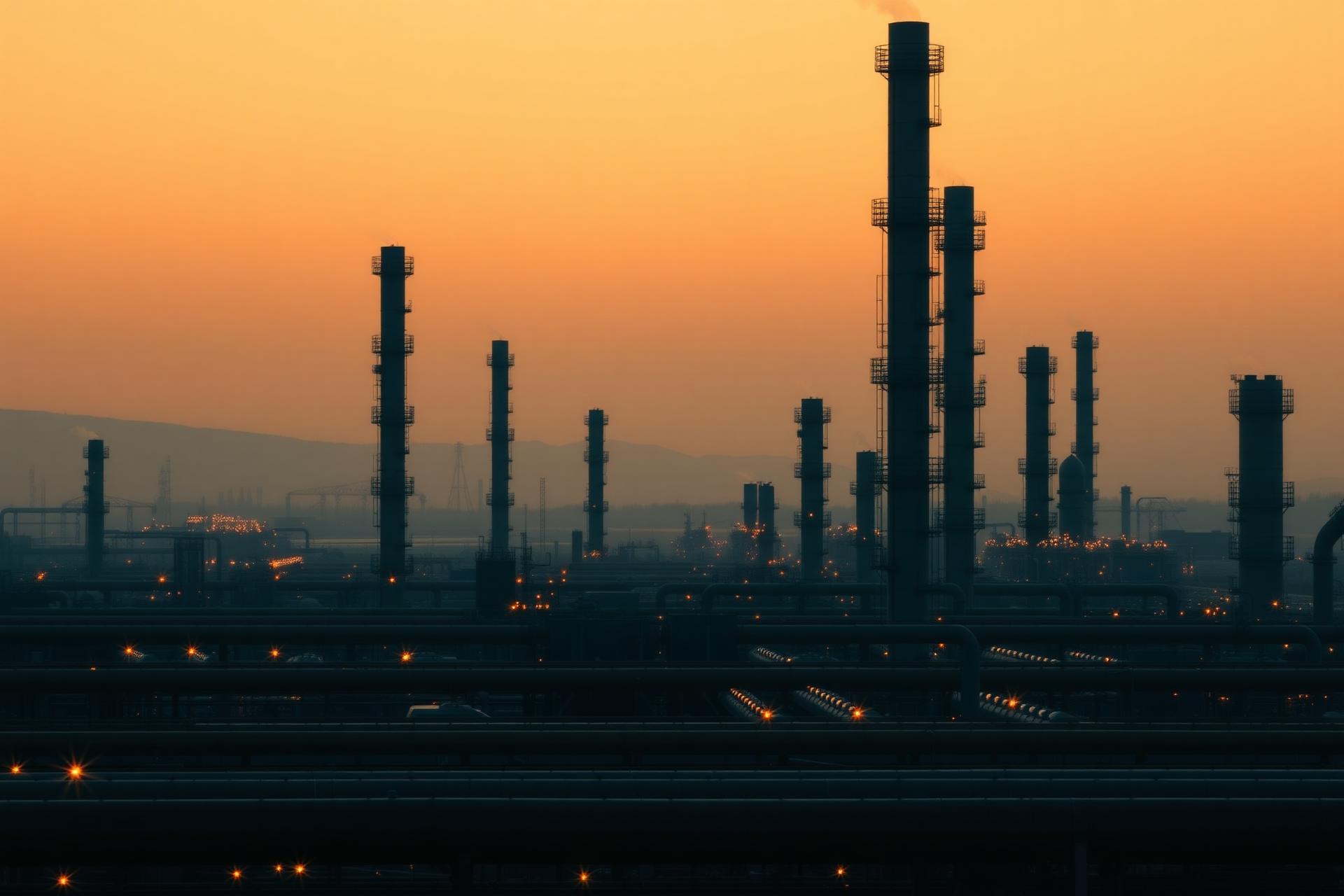 Cinematic view of an oil refinery at golden hour