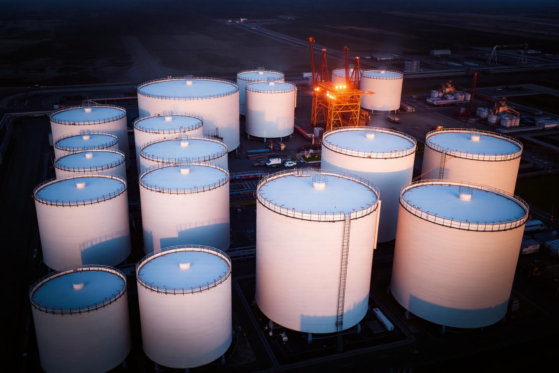 Aerial view of petroleum storage tanks at dusk